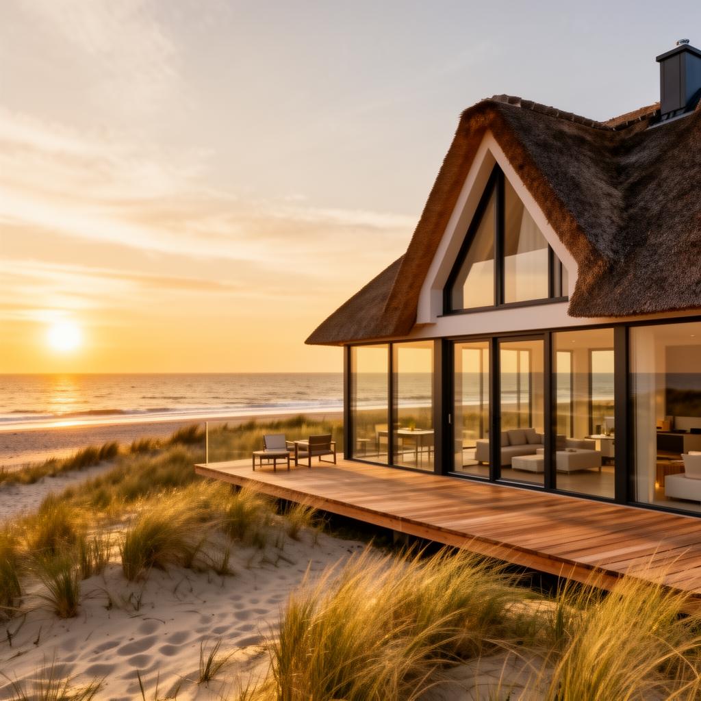 Luxus-Ferienhaus mit privatem Badesteg an der Ostsee bei Sonnenuntergang